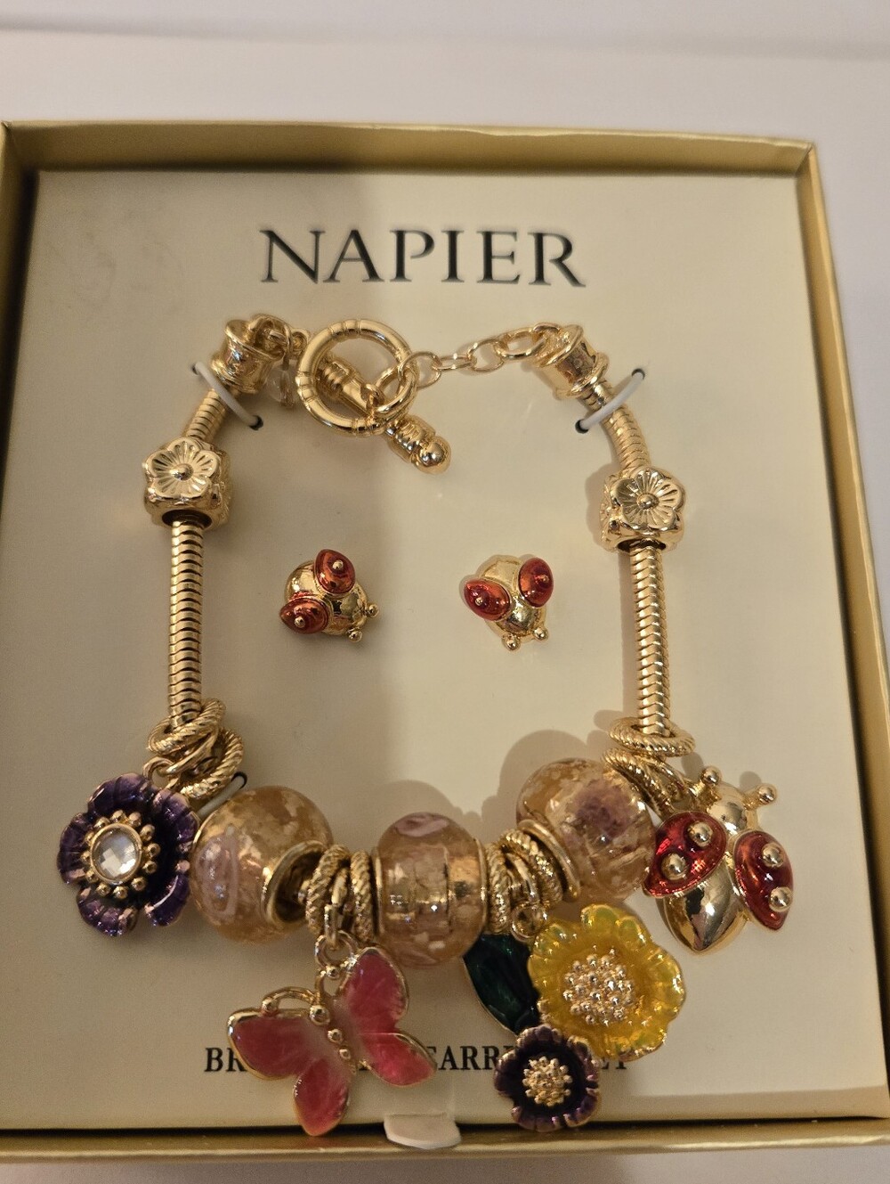 Napier New Gold Tone Charm Bracelet & Stud Earring Set Floral Lady Bug Butterfly